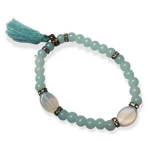 Aquamarine Bracelet Prayer Beads Stretchy Beaded Opalite Tassel